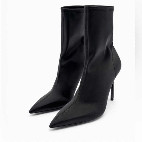 Zara NWT black stretch fabric ankle stiletto heeled pointy toe boots - Picture 2 of 7